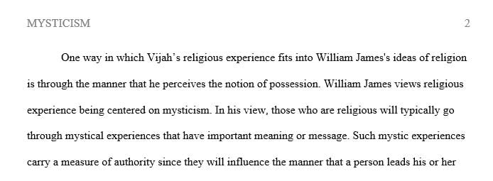 How does Vijah’s religious experience fit into William James’ idea of religious experience