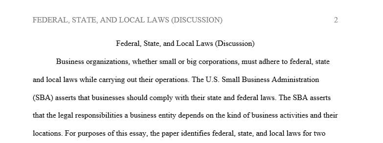 Identify one Federal State and local law each for Tim’s Coffee Shoppe and Exavier Candy Company