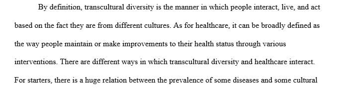 In your own words and using the proper evidence-based references define transcultural diversity and Health care