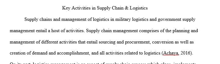 Key activities in supply chain and logistics in (Military Logistics and Government Supply Chain).