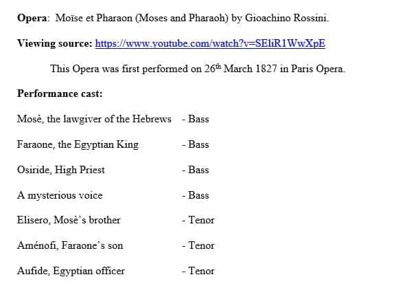 List the performance cast and give a plot summary of the opera