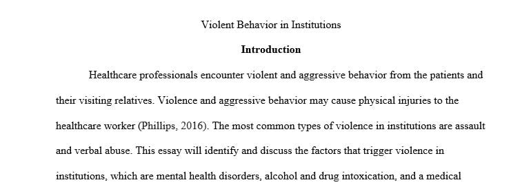 Mention and discuss at least 3 precipitating factors for violent behavior in institutions