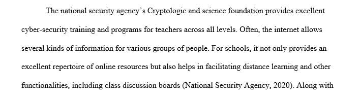 Prepare a 2-page report for a K-12 teacher outlining potential cybersecurity resources for the teachers