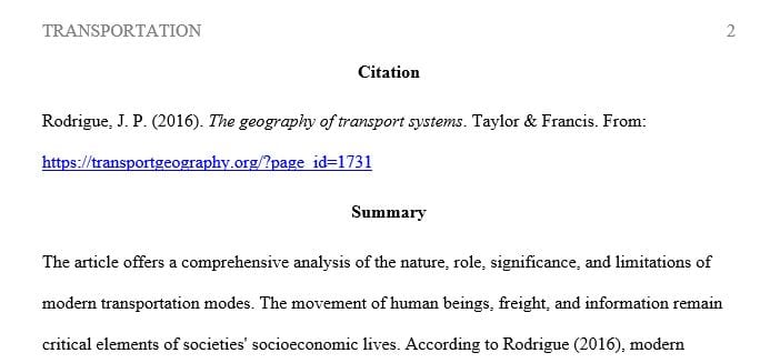 Select an article based on the primary capabilities advantages and disadvantages of each of the basic modes of transportation.