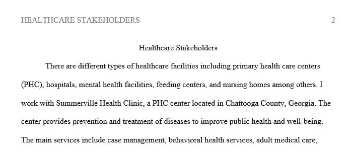 Write a 350- to 525-word article that discusses key stakeholders in the health care sector in which you work.