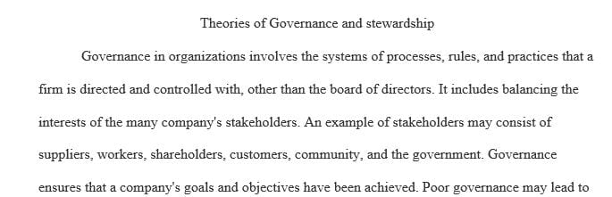 Write a summative paper on seminal theories of governance and stewardship that inform effective organisational leadership