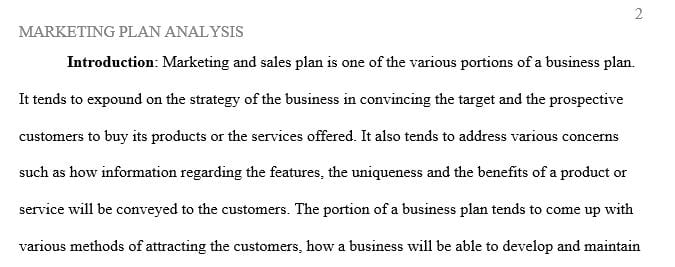 Analyze the marketing and sales portions of a business plan and provide suggestions for improvement.