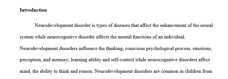 Describe one neurodevelopmental disorder and one neurocognitive disorder.