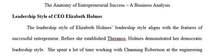 How does the leadership style of CEO Elizabeth Holmes align with the characteristics of successful entrepreneurs