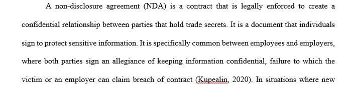 Identify the key elements of an NDA and draft a proposed NDA for a new employee in the Research and Development department