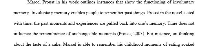 Write a 1-2 page paper about examples from your reading of Proust's "Overture" that might indicate the working of an involuntary memory.