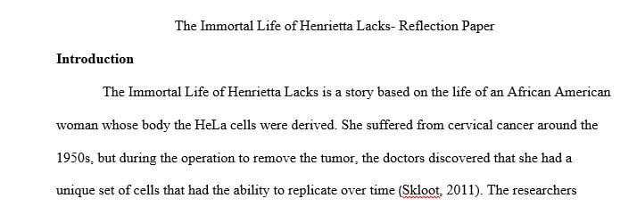 Write a personal reflection paper about The Immortal Life of Henrietta Lacks.