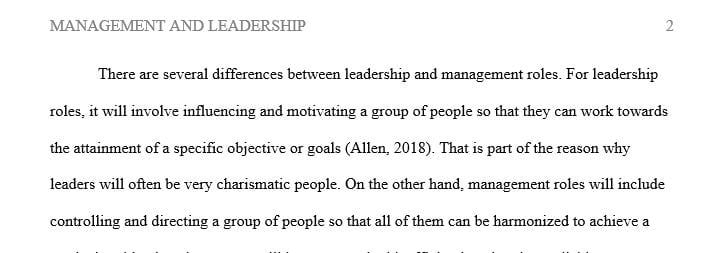 Describe the difference in roles between leadership and management.