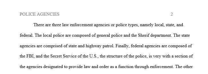Identify police agencies at the federal state and local levels.