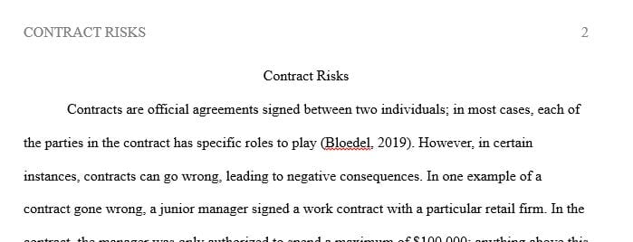 Post a 150- to 225-word description of the risks that are associated with a business contract that you either experienced or observed.