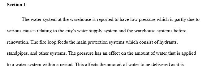 Prepare a well-organized narrative addressing the existing water distribution system supplying the fire protection system for the warehouse