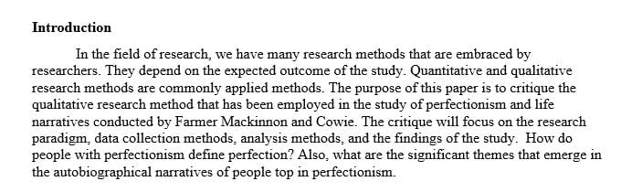 Qualitative Research Critique on Perfectionism and life narratives