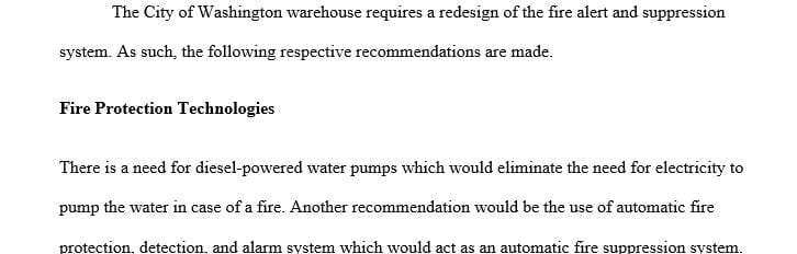 Recommendations for the fire protection system for the scenario-based case study course project on the City of Washington Distribution Warehouse fire
