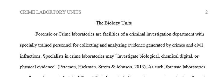 Select one (1) specialized unit within a contemporary crime lab and prepare an 8 page paper