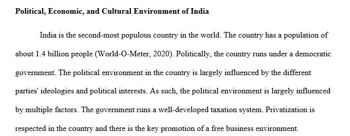 Summarize some of the elements in India’s political economic and cultural environments that can impact the market opportunity.