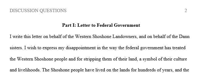 Write a letter to the federal government on behalf of the Shoshone and the Dann sisters