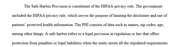 Write an essay of at least 500 words discussing the Safe Harbor provisions under HIPAA.