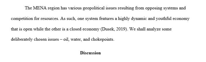 You are going to explain three major Geopolitical Issues discussed in the class lectures of the Middle East and North Africa (MENA) region