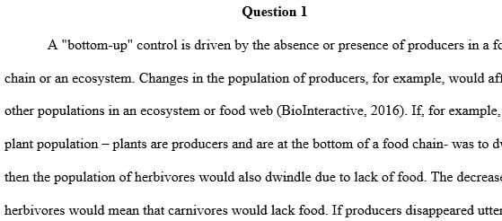 Describe the difference between bottom up and top down controls on a food chain