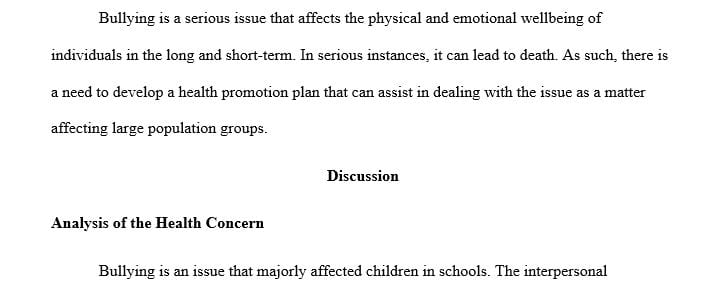 Develop a hypothetical health promotion plan addressing a specific health concern for an individual or a group living in the community