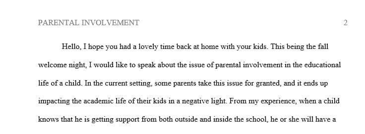 Write a 500-750 word Fall Welcome Night script to parents and guardians that attempts to persuade them to become involved in their child’s learning
