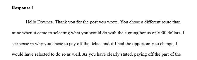 Chose to pay off debt with the 5,000 bonus. The alternative would have been to invest the amount.