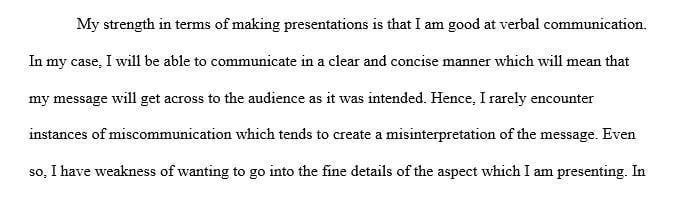 Discuss one personal strength and one weakness you have regarding professional presentations.