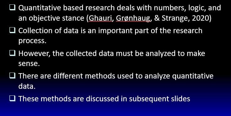 PowerPoint presentation that details a number of quantitative analysis methods and indicates how and when they should be used to solve business problems.