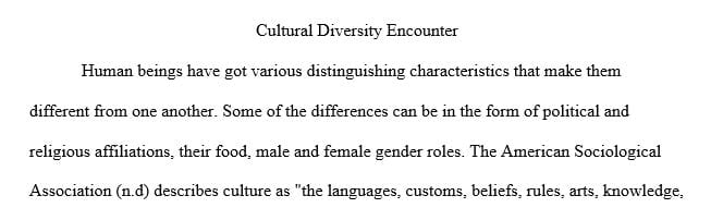 Write a 5-7-page essay describing, examining and reflecting upon a personal cultural diversity encounter.