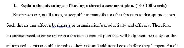Complete the Threat Assessment Plan Part I Overview of Assessment and Analysis worksheet.