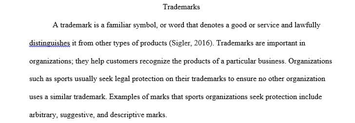 Explain what types of marks for which a professional sports organization can seek legal trademark protection.