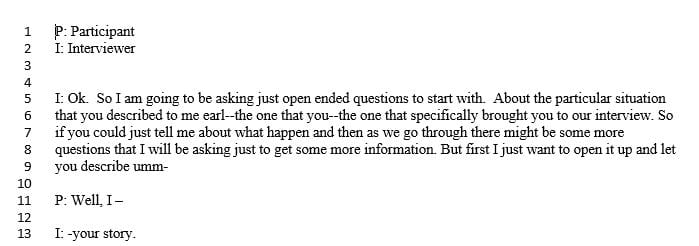 Analyze a transcript from an interview with a victim of crime.