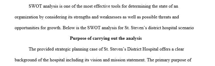 Conduct a SWOT analysis to generate a list of perceived strengths weaknesses opportunities and threats for the hospital.