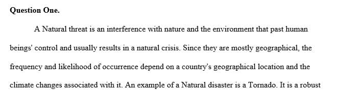Identify a natural threat. Discuss in what geographical area this threat is most likely to occur.