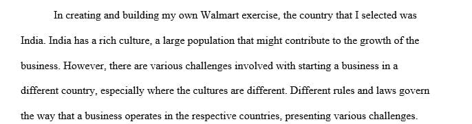 Identify one cultural issue and one legal issue you anticipate encountering as you build and operate your Walmart in its new global location.