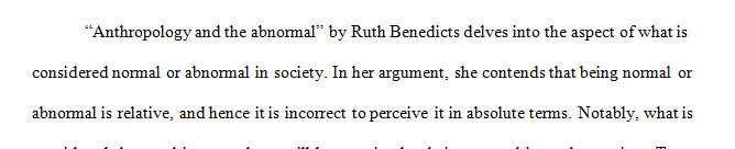 Topic: “Anthropology and the Abnormal” by Ruth Benedict