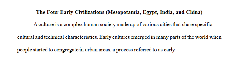 Describe the following features of the four early civilizations (Mesopotamia, Egypt, India, and China)