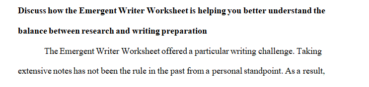 Discuss how the Emergent Writer Worksheet is helping you better understand the balance between research and writing preparation.