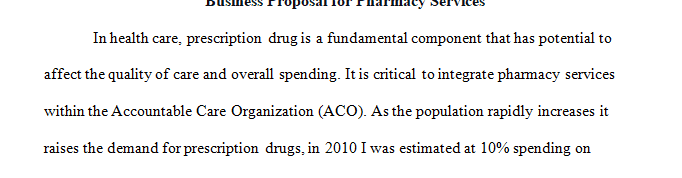 Write a 1-page business proposal for developing pharmacy services within an ACO