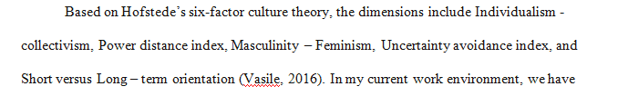 Describe your cultural background in light of Hofstede’s theory of cultural dimensions.