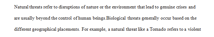 Identify a natural threat. Discuss in what geographical area this threat is most likely to occur.
