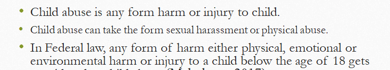 Orienting new registered nurses in the emergency department in your hospital on how to manage child abuse and neglect cases.