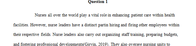 Discuss a formal role where a nurse is in a position of leadership.