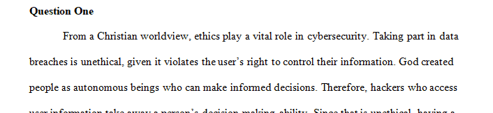 Discuss your thoughts on ethics from a Christian perspective in relation to cybersecurity.