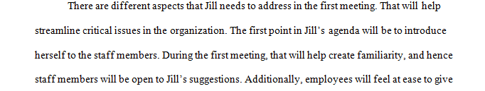 Create an agenda to guide Jill at the meeting with at least 10 or more key points to discuss with her team